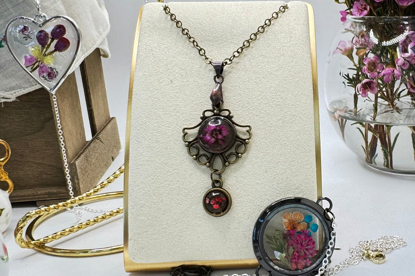Antique Pendant with Dark PinkFlower and additional Flower Drop.