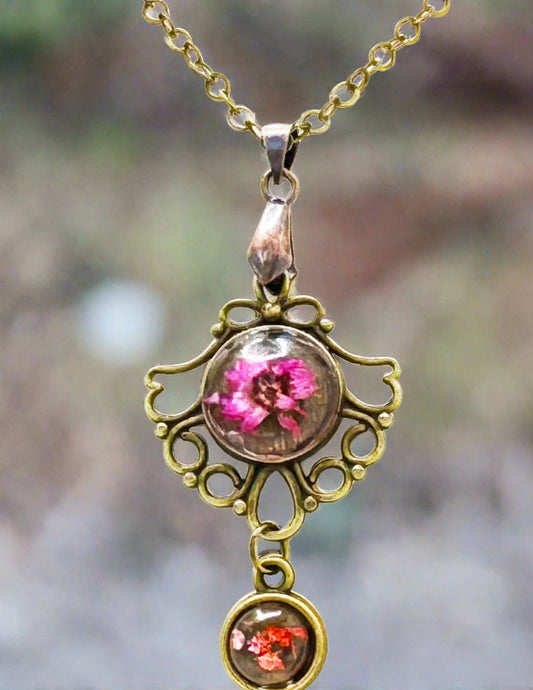 Antique Pendant with Dark PinkFlower and additional Flower Drop.
