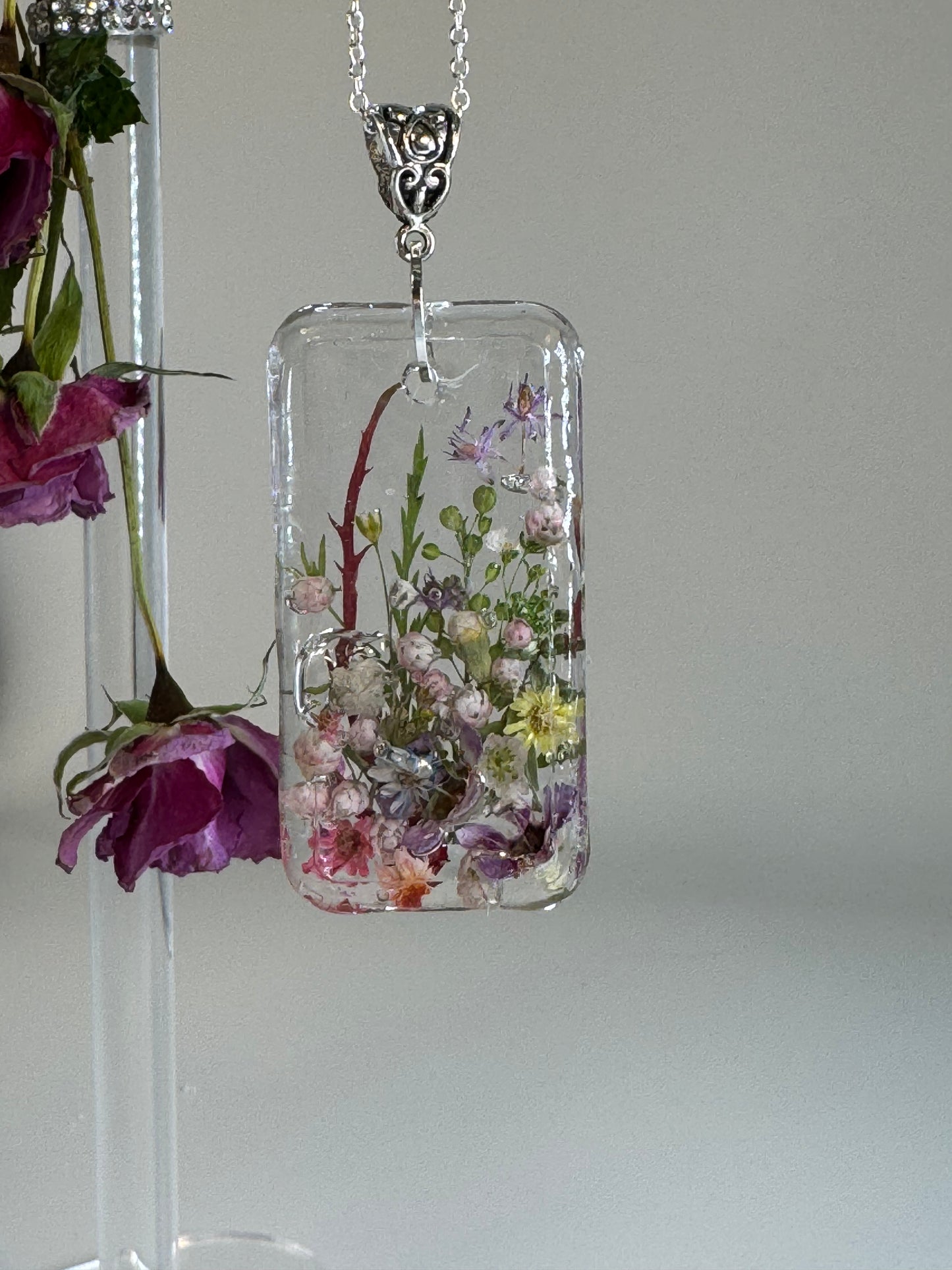Flower Garden Pendant.  Rectangular in Clear Resin.