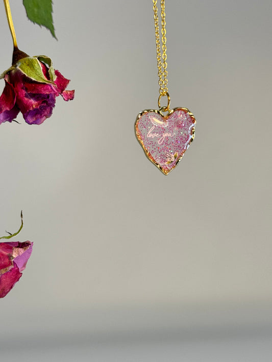 Love You Heart with Glitter and Flowers