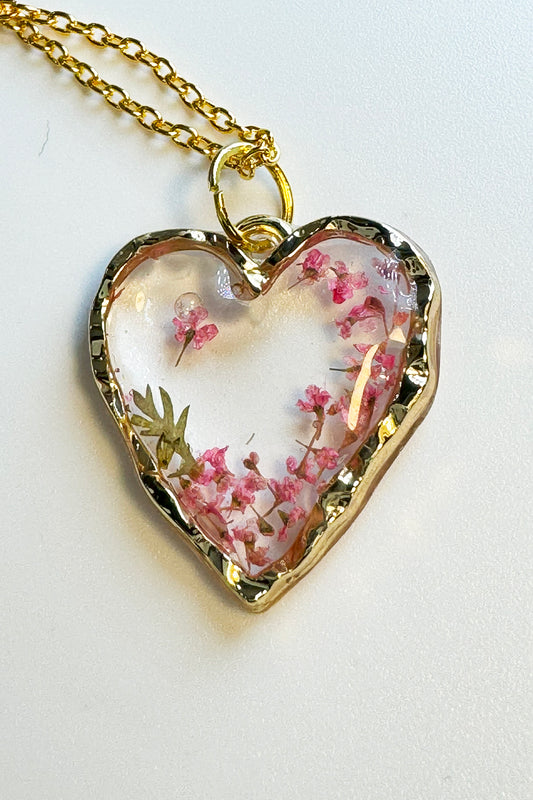 Dainty Pink Flowers in Heart Pendant.  Everyones favorite.