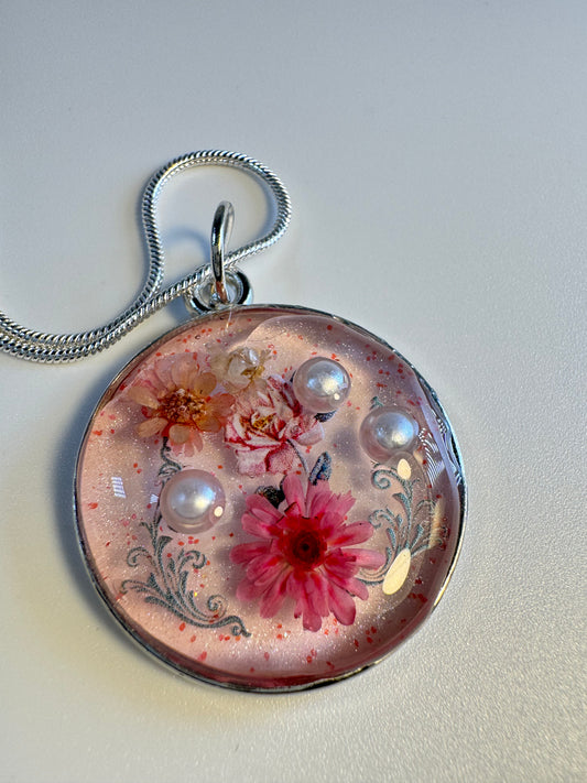 Red and Pink Round Pendant with Pearls