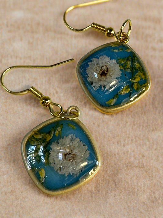 Blue Earrings with White Flowers