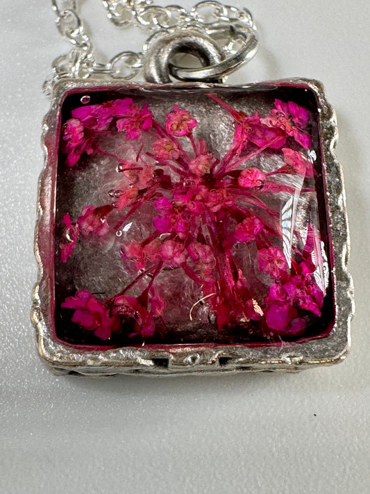 Small Square Queen Ann Lace Pendant on Bed of Sparkle
