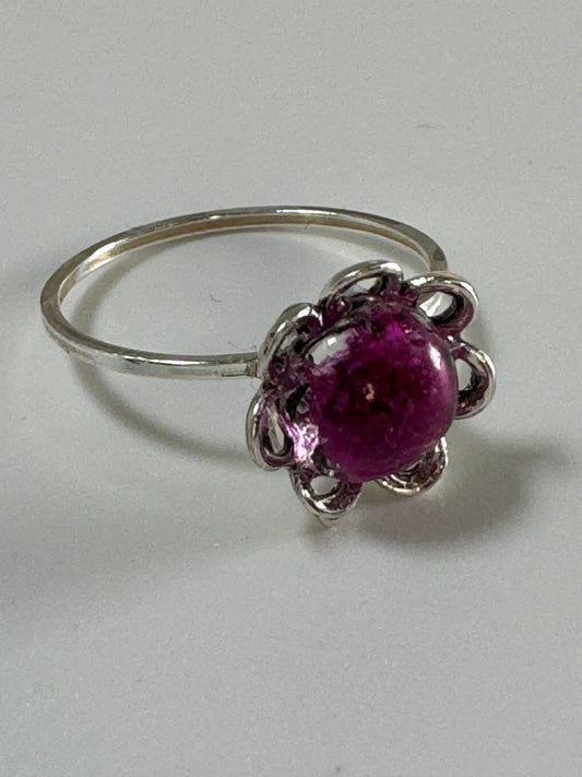 Burgundy Flower in Silver Setting