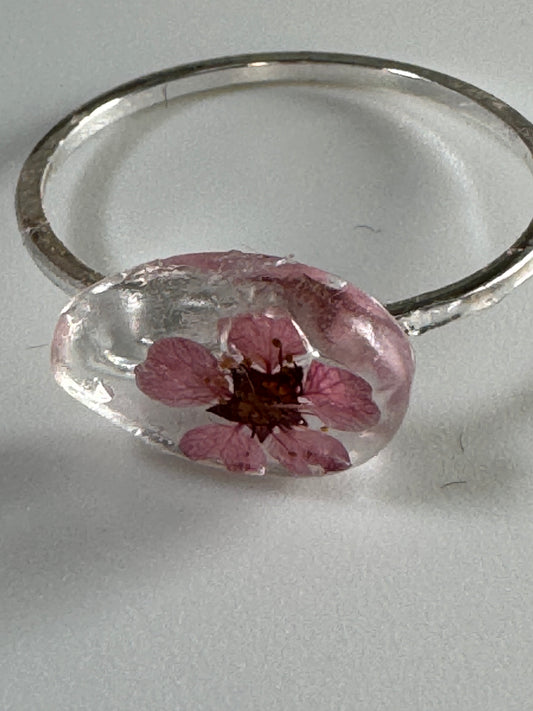 Single Pink Flower Ring in Silver