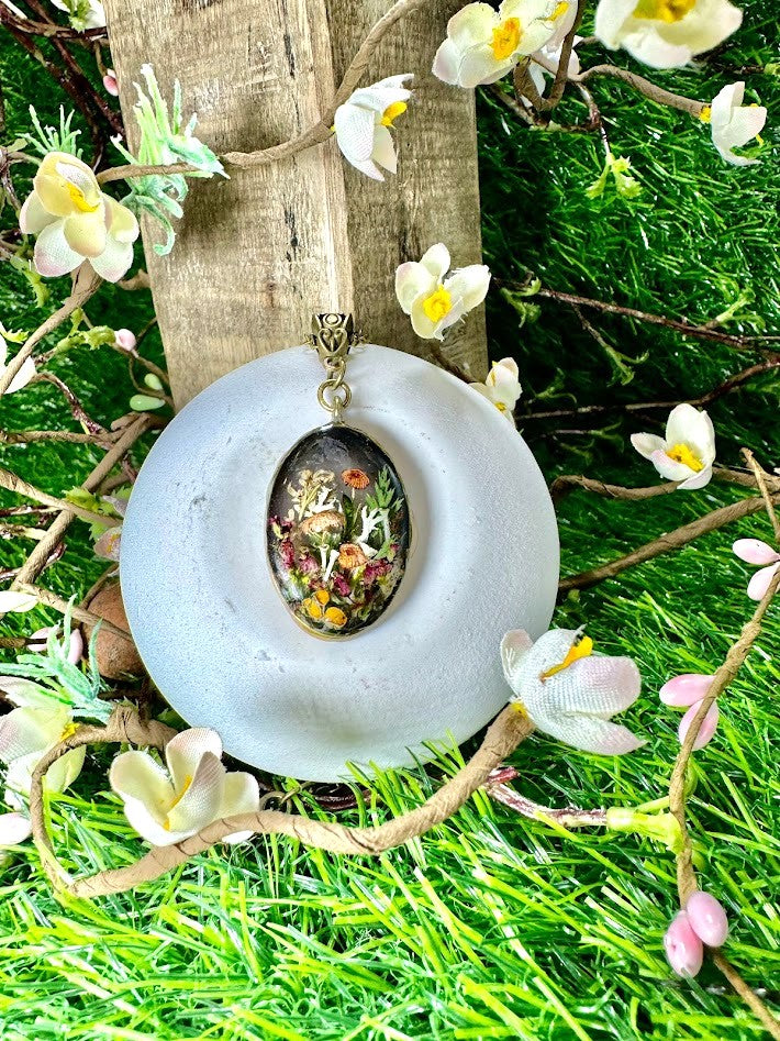 Intricate Mushroom and Forest Pendant with Moss and Lichen