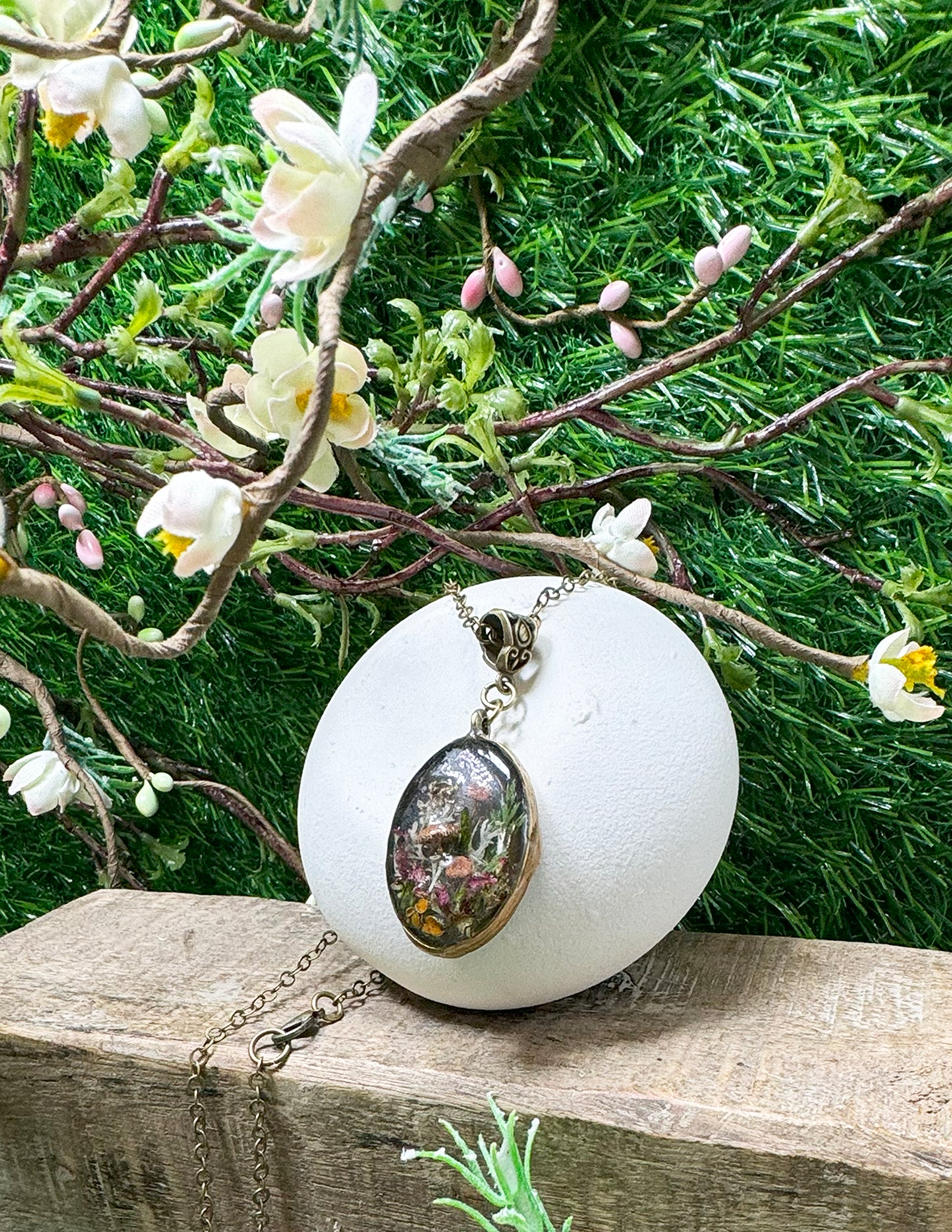 Intricate Mushroom and Forest Pendant with Moss and Lichen