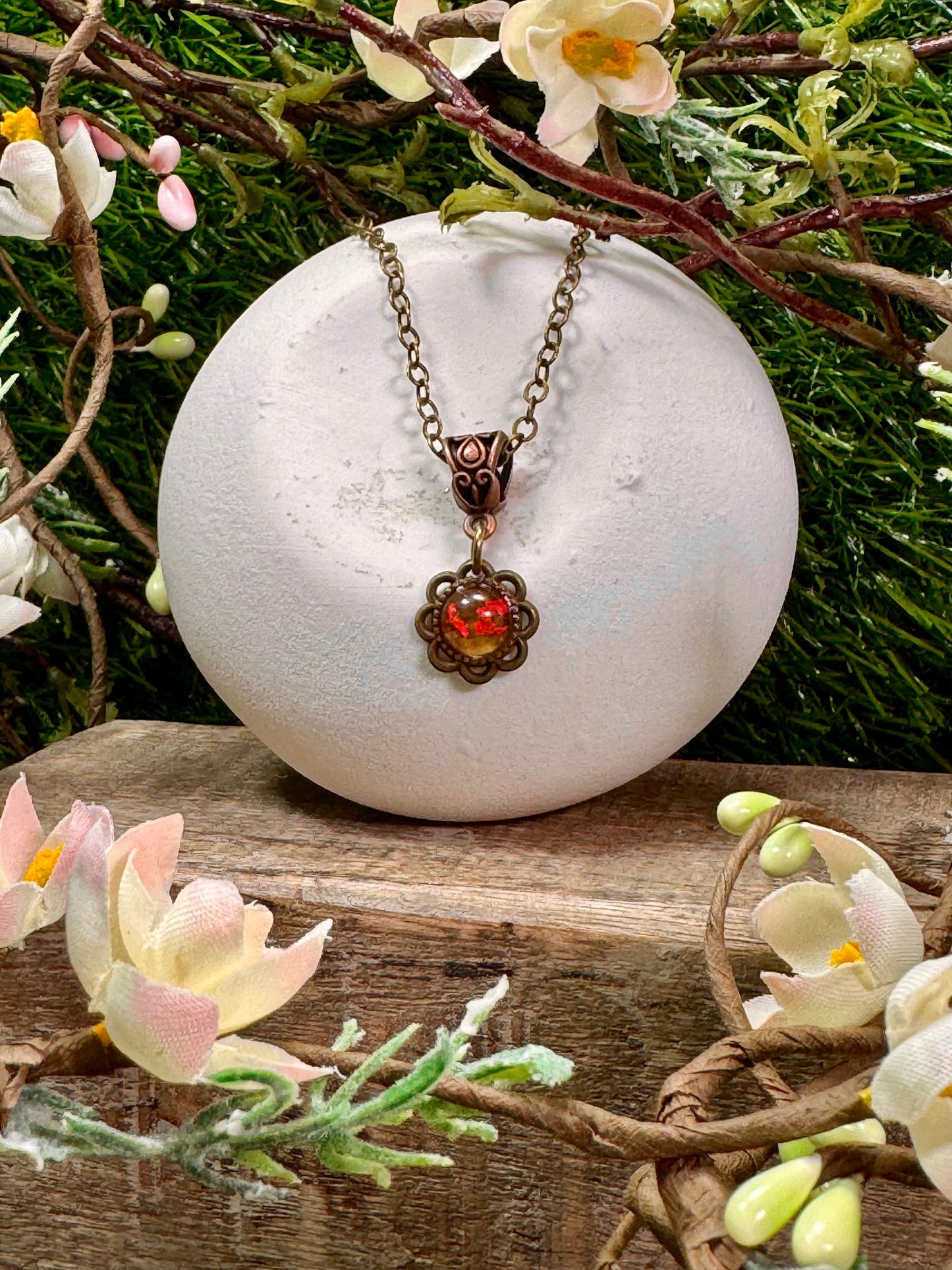 Tiny Antique Pendant with Red Flower Buds