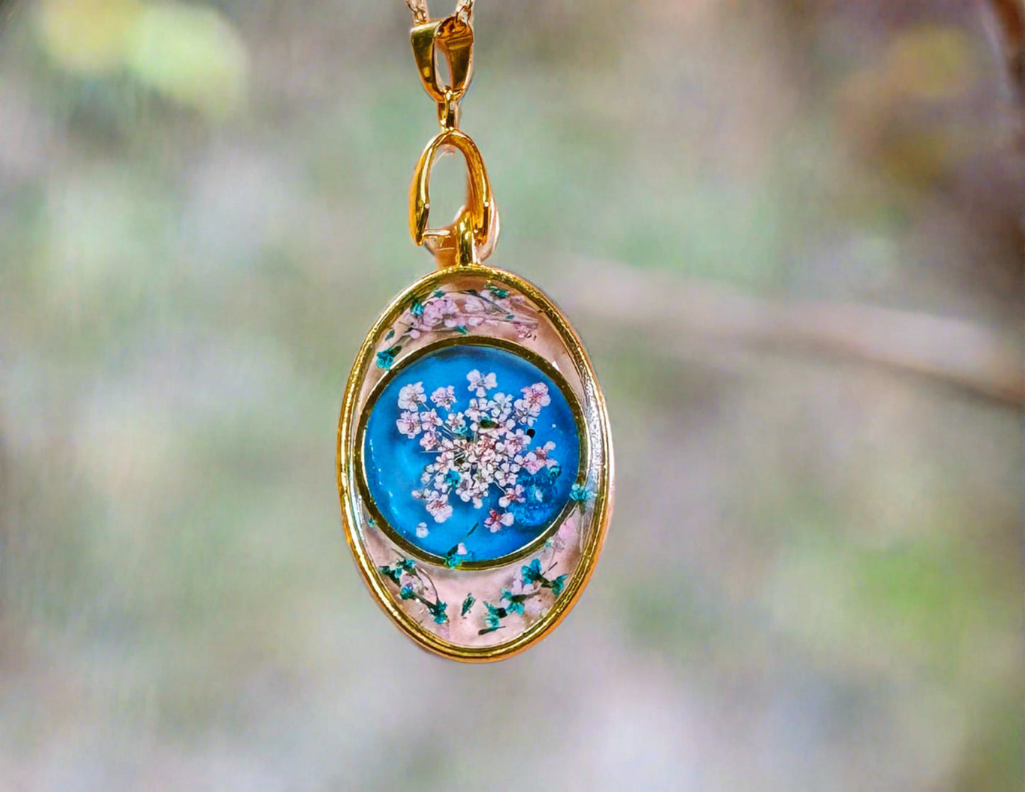 Blue and Clear Double Pendant with Queen Anns Lace