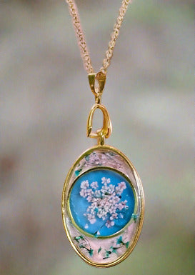 Blue and Clear Double Pendant with Queen Anns Lace