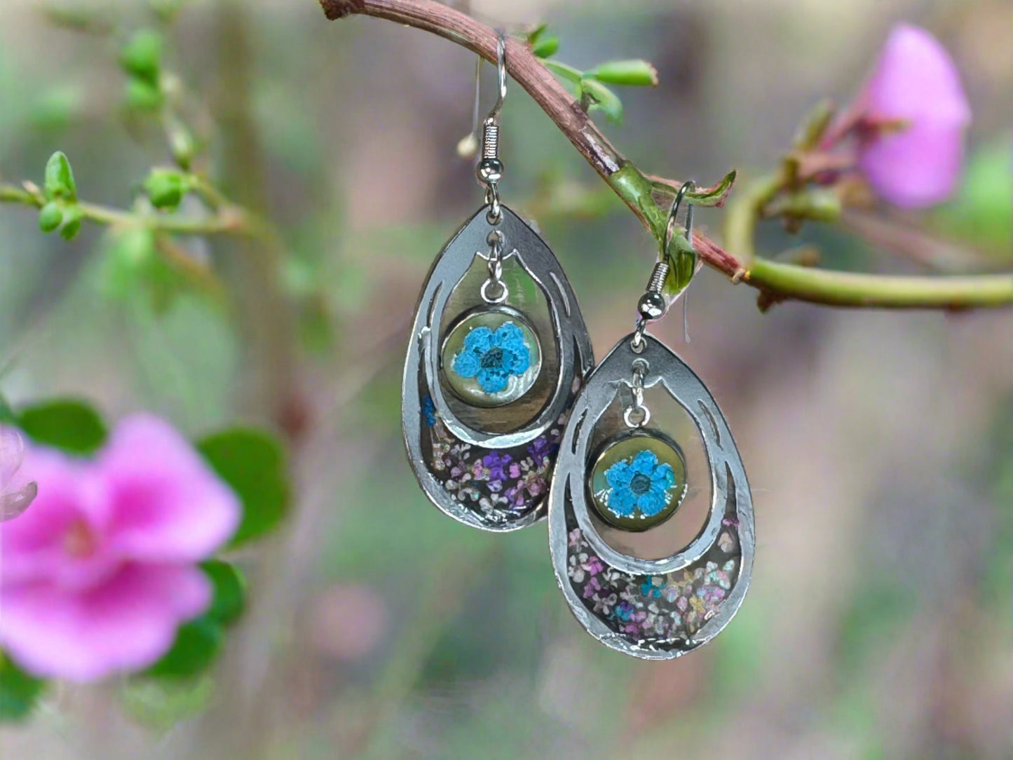 Blue "Forget Me Not" Dangles with additional drop of mixed tiny flowers
