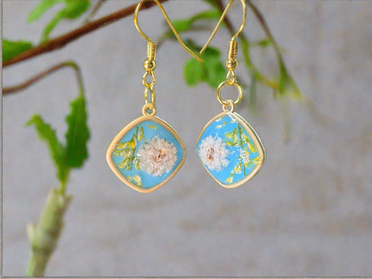 Blue and Pink Flower Earrings in light gold settings