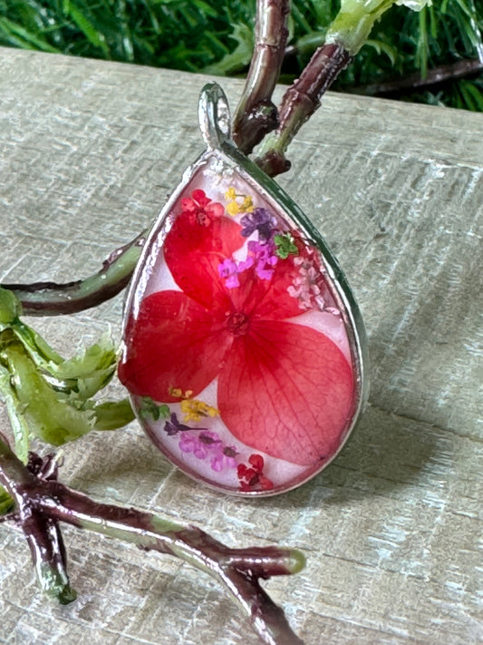 Red Hydrangea Teardrop Pendant