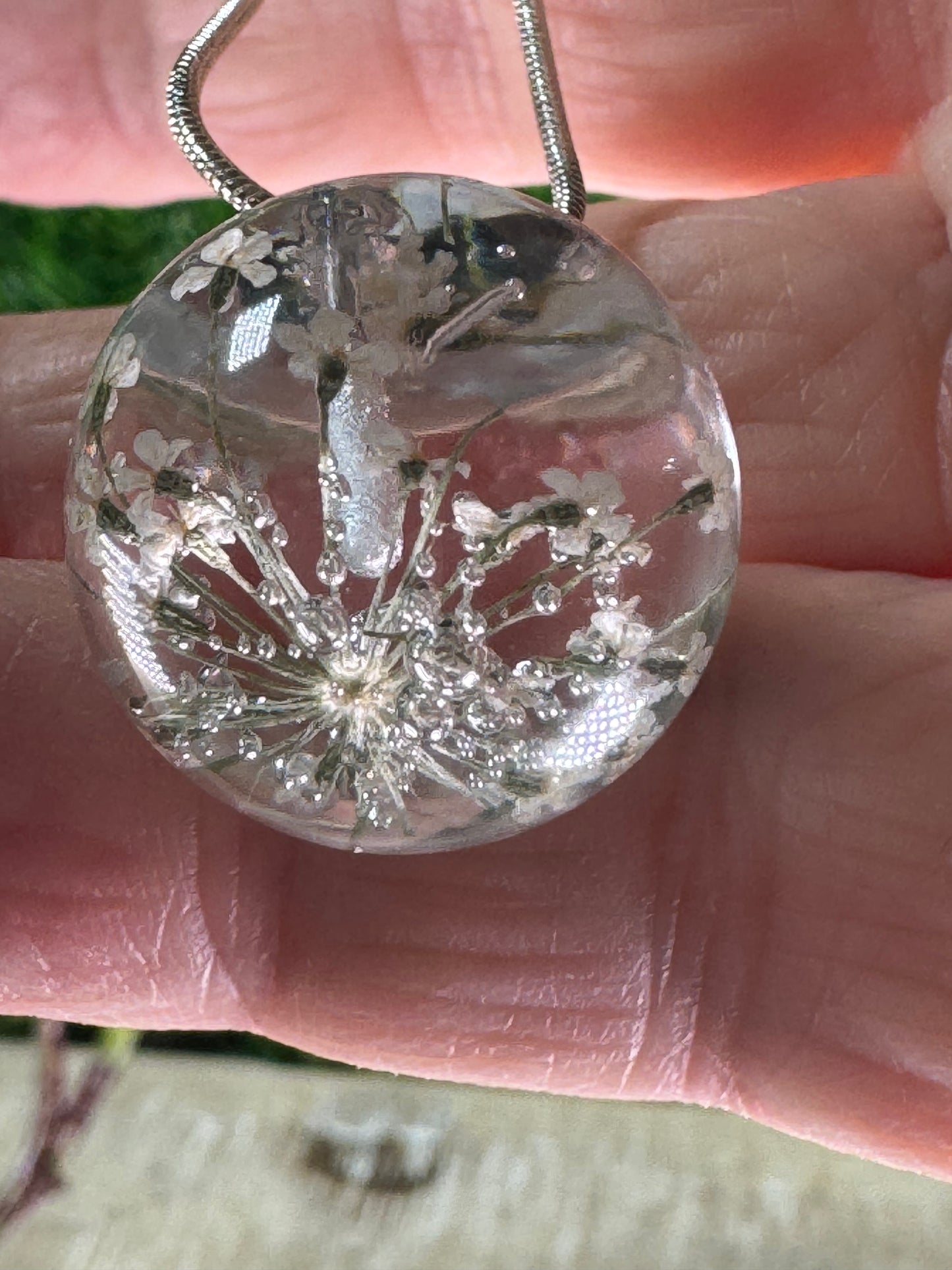 Glass Bauble with White Queen Ann Lace Flower