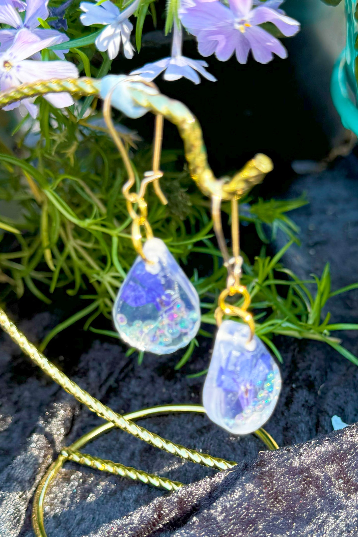 Earrings with Tiny Bubble beads and Blue Flowers