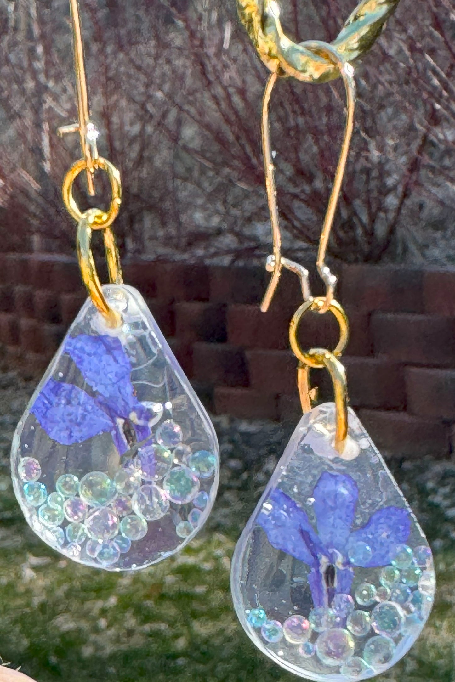 Earrings with Tiny Bubble beads and Blue Flowers