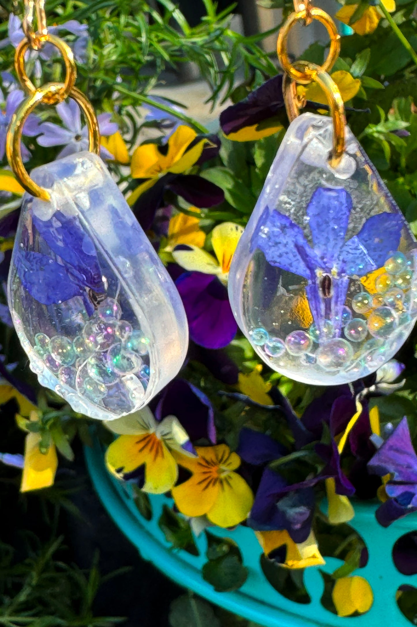 Earrings with Tiny Bubble beads and Blue Flowers