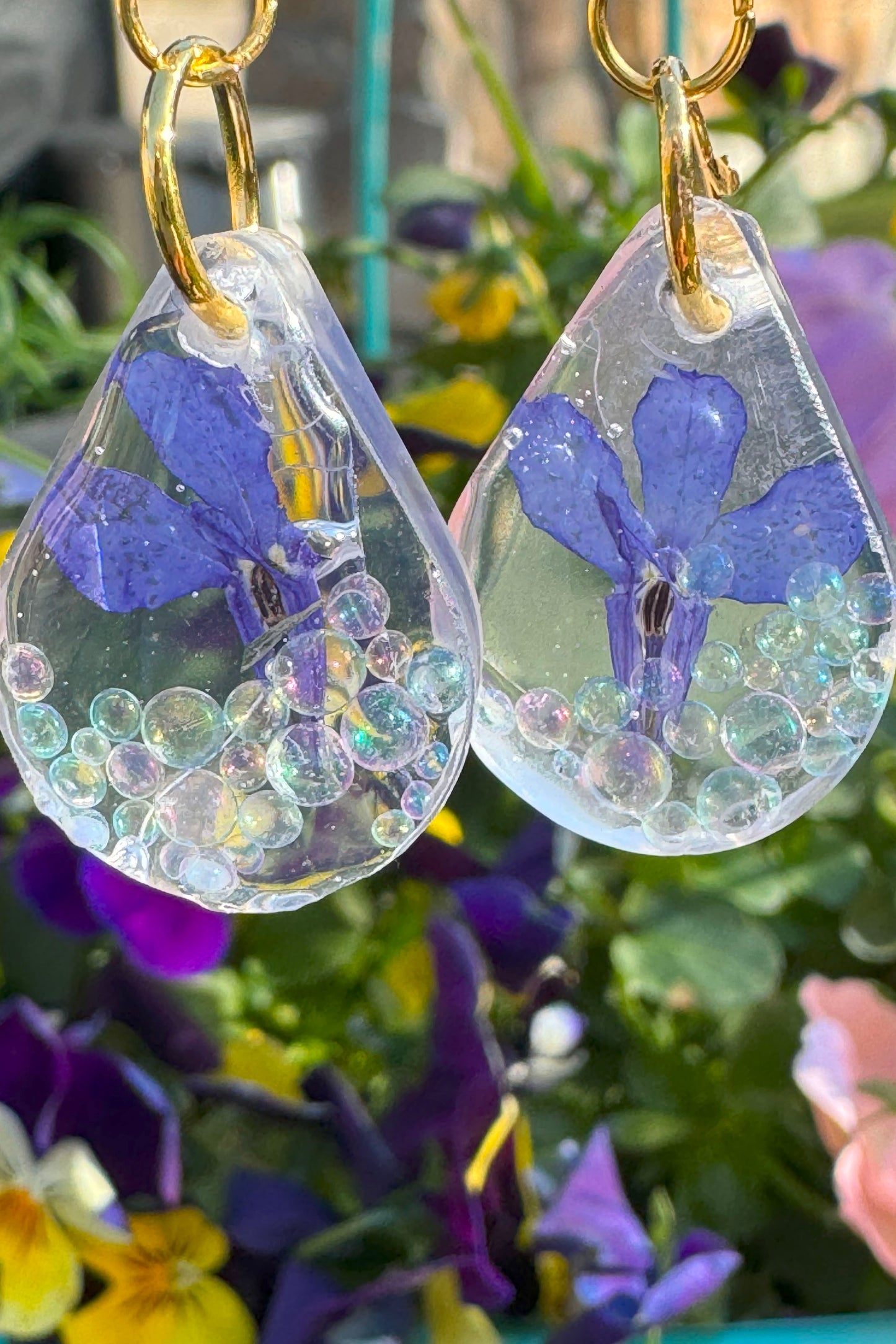 Earrings with Tiny Bubble beads and Blue Flowers