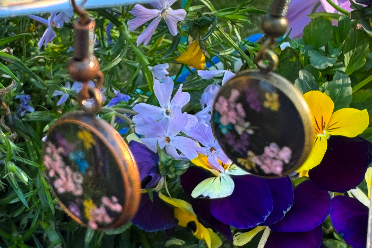 Earrings Black and Antique with Tiny Flowers
