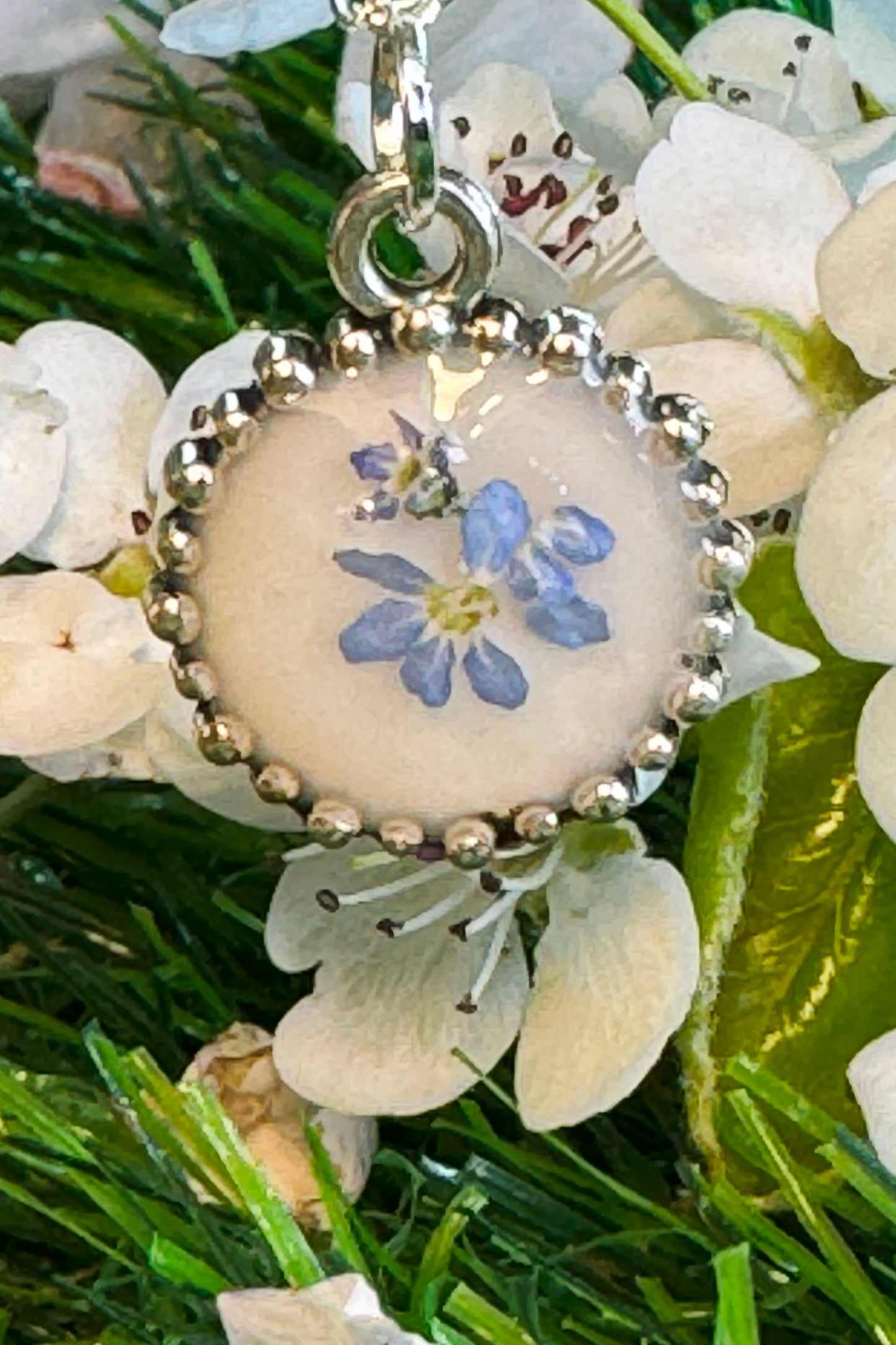 Tiny Pendant with White Background and Blue "Forget Me Not"