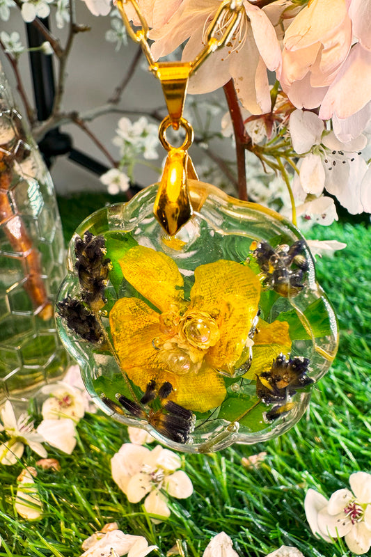 Yellow and Purple (dark) Flower Pendant in Resin