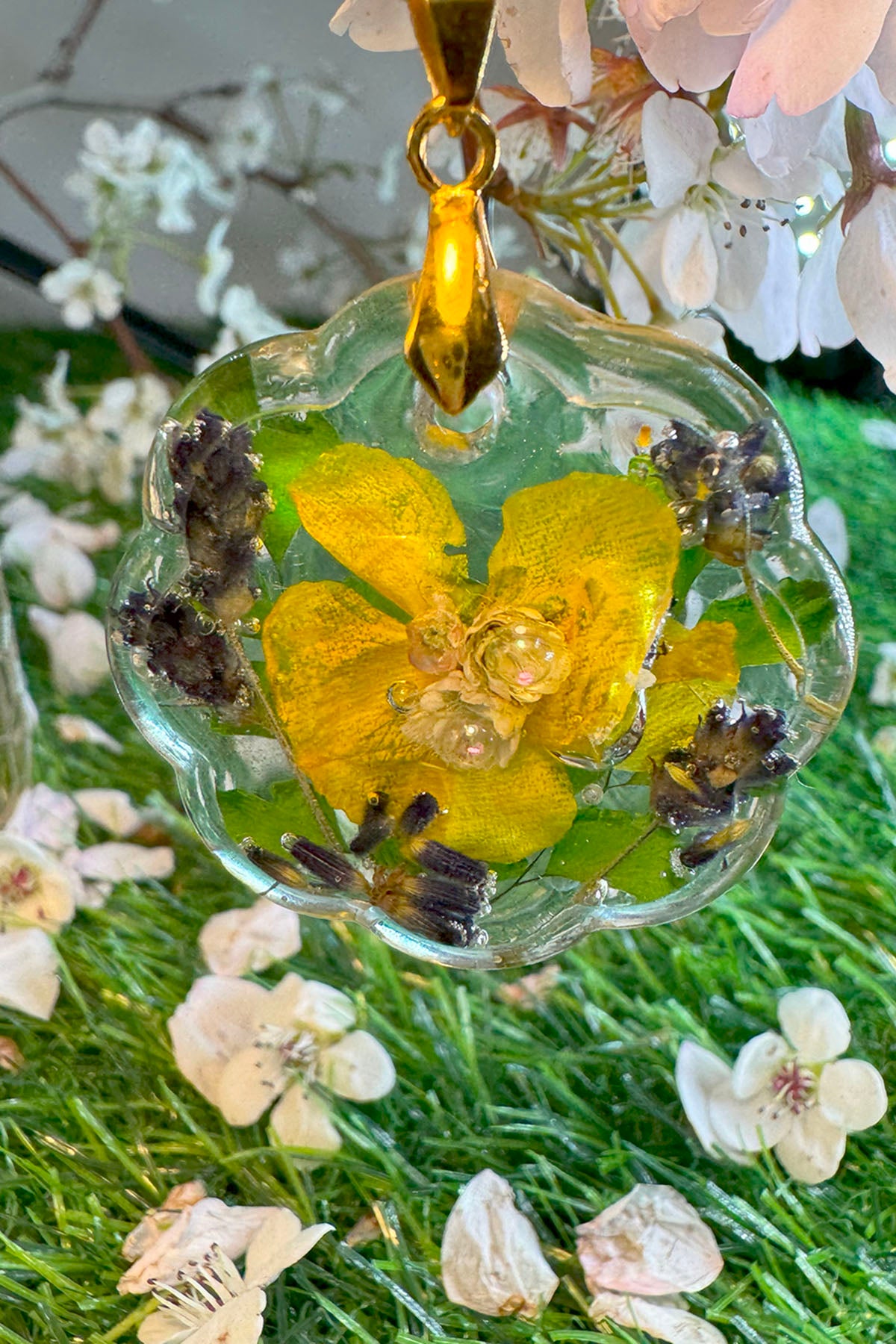 Yellow and Purple (dark) Flower Pendant in Resin