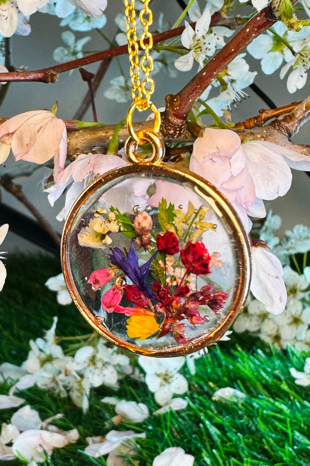 Colorful Flowers in a Round Pendant
