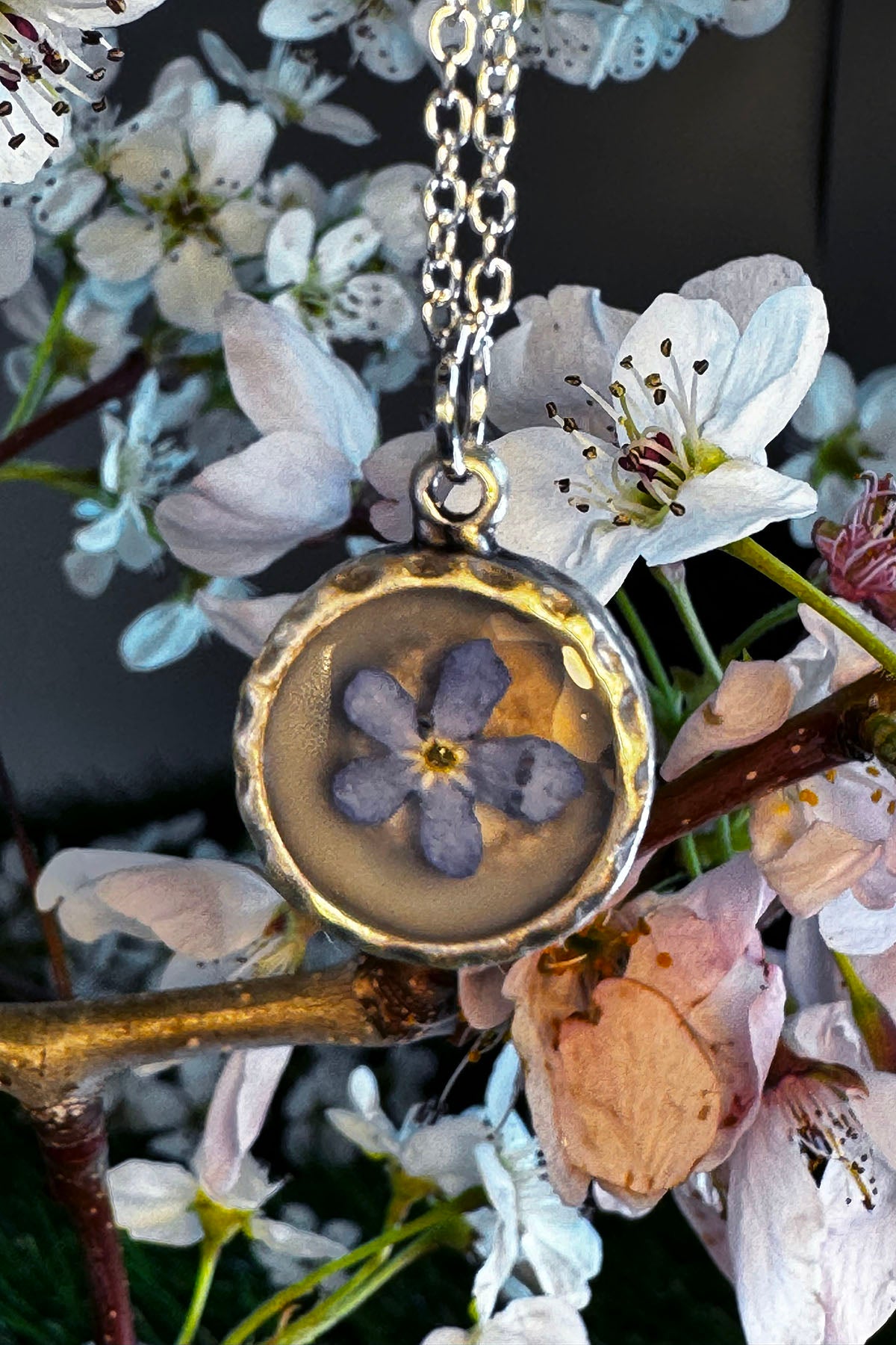 Tiny Silver Pendant with Blue "Forget Me Not"