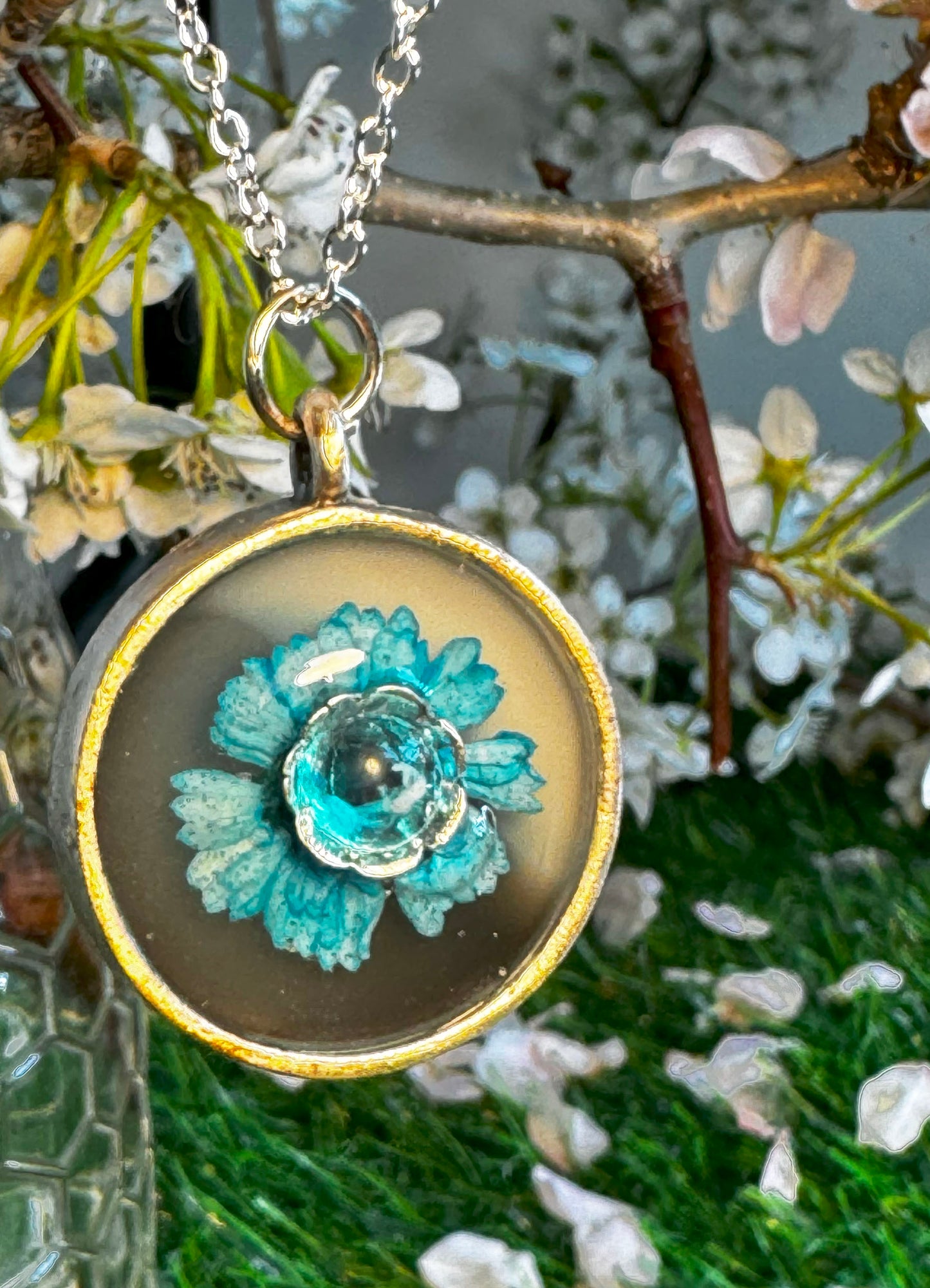 Taupe and Blue Flower Pendant with Charm