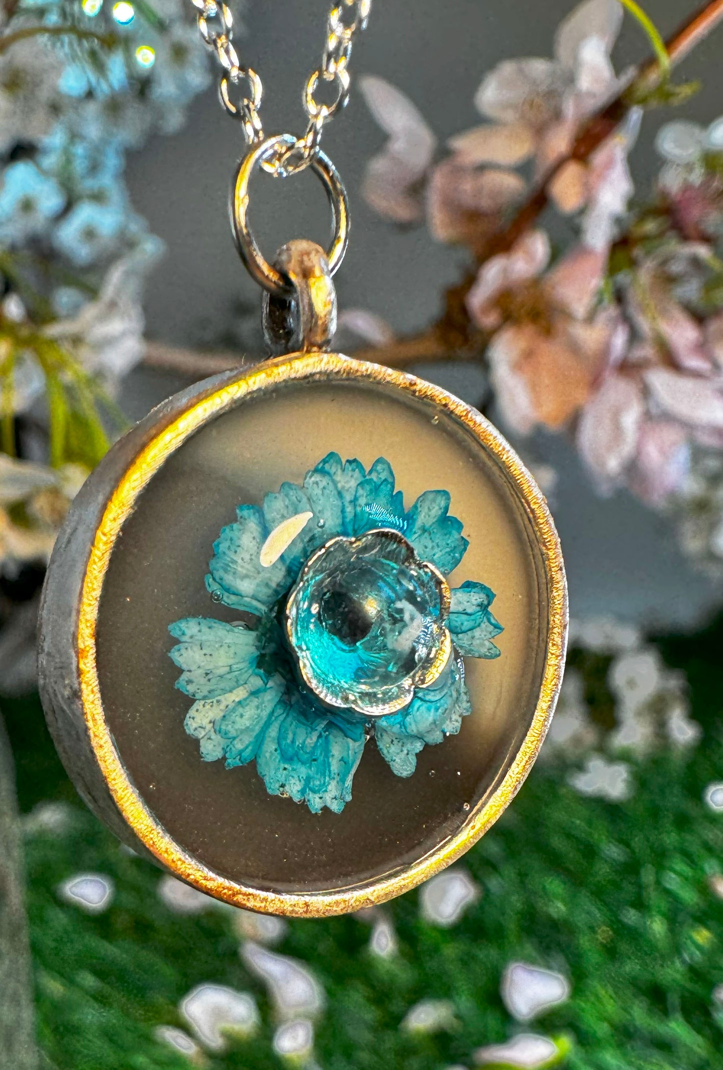 Taupe and Blue Flower Pendant with Charm