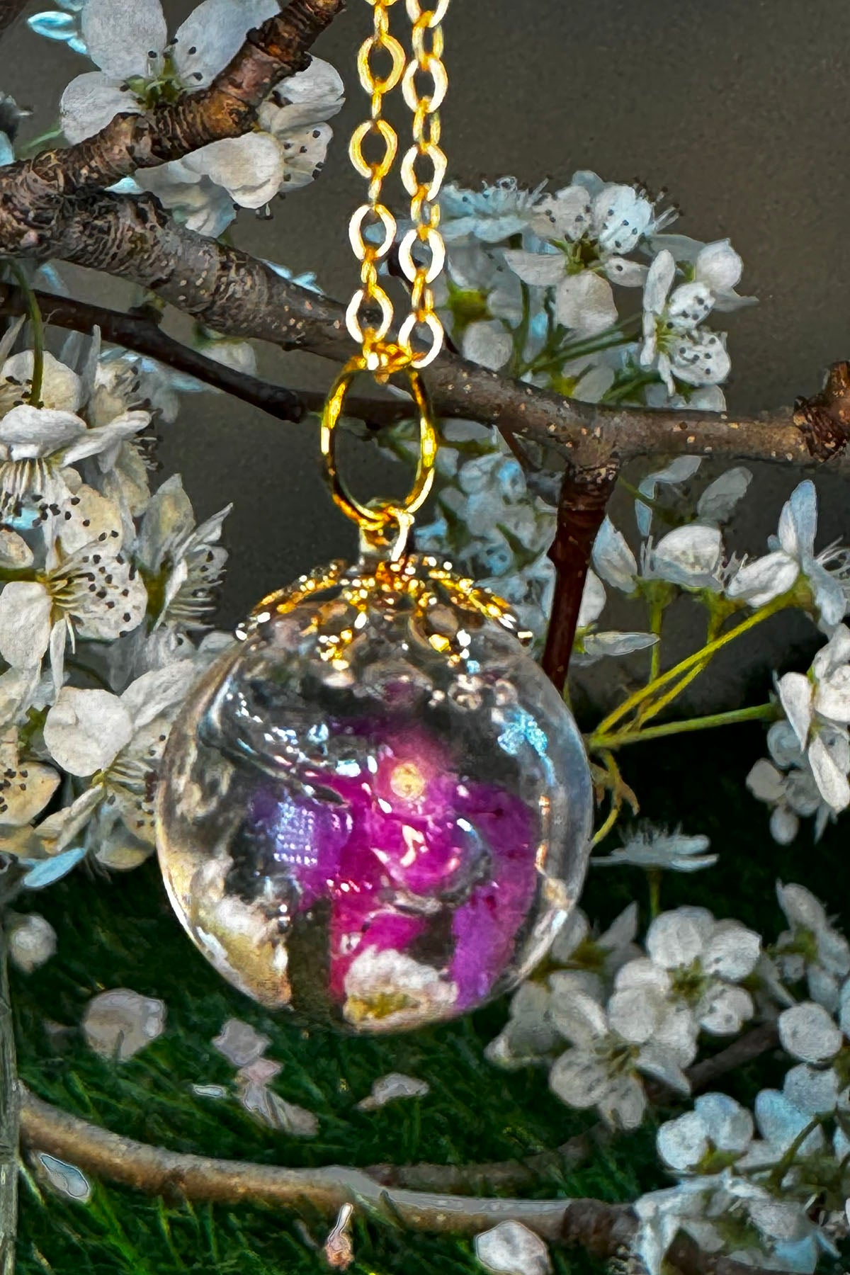 Round Glass Pendant with Pinks and White Flowers