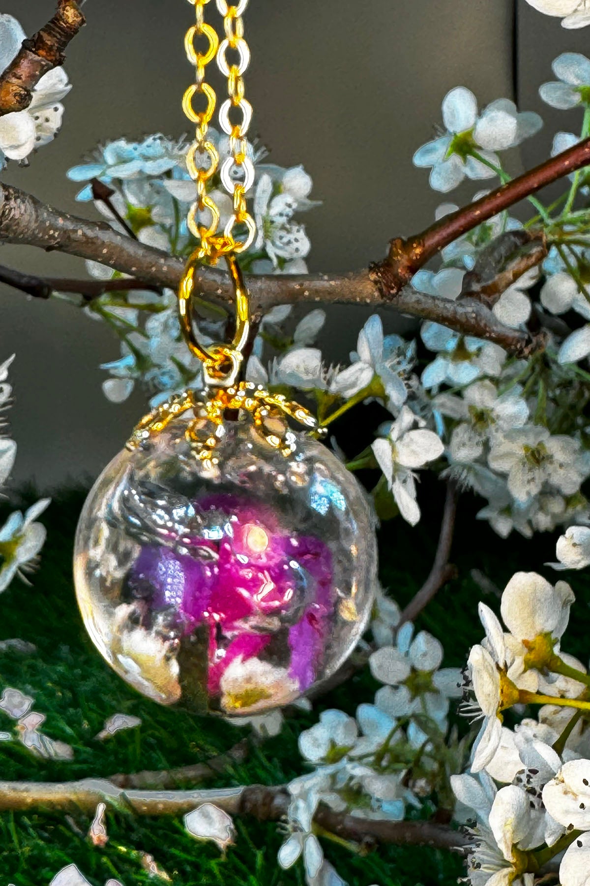 Round Glass Pendant with Pinks and White Flowers