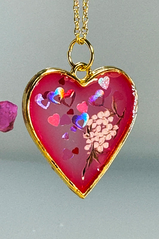 Red Pendant with glitter hearts and flowers