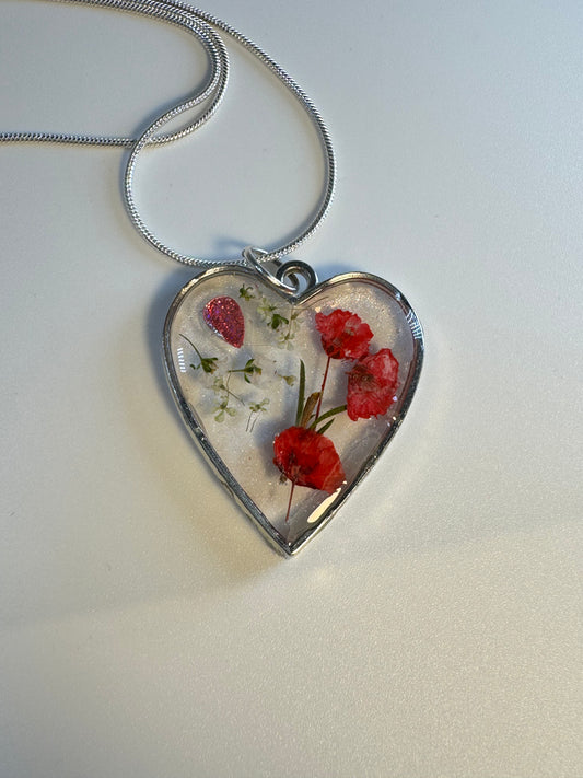 Red Flowers with clear background Silver Heart Pendant