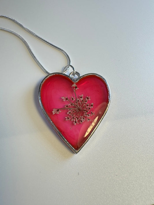 Silver Red Heart Pendant with Queen Anns Lace Flower